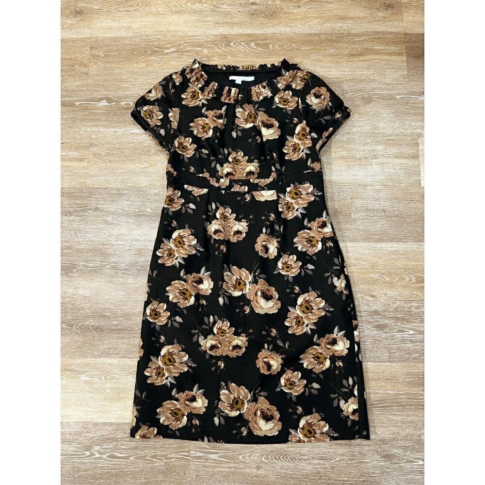 Boden Sz 10 Black 100% WOOL Ruffled Floral Print Sheath Shift Dress